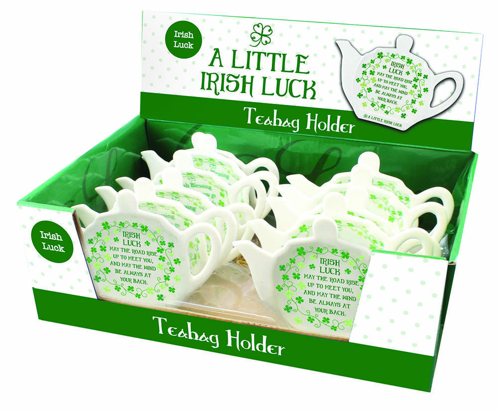 Irish Tea Bag Holder Clover Design Ceramic Green and White Irish Blessing Gift
