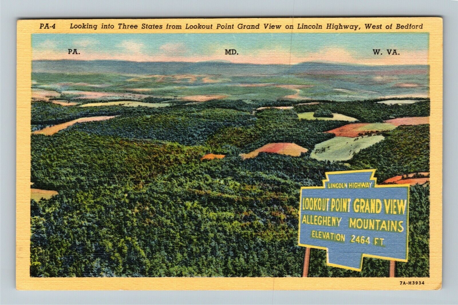 Bedford PA-Pennsylvania, Looking Into Three States, Lookout Point Linen Postcard