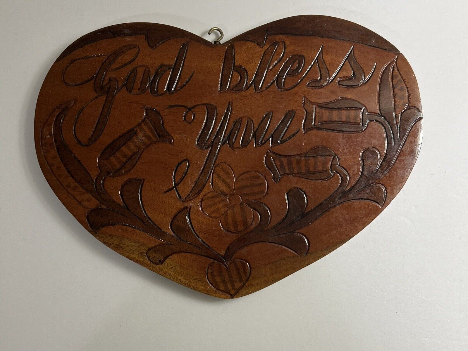 Vintage Carved GOD BLESS YOU Wood  Wall Plaque HEART SHAPED