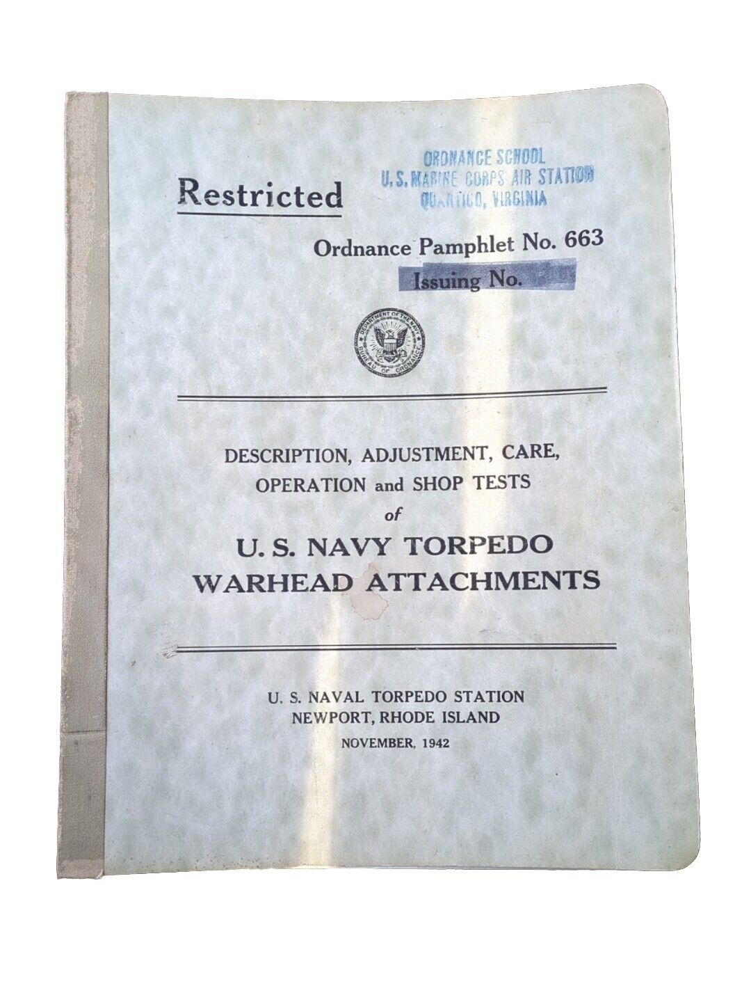 WW2 Original US Navy Torpedo Warhead Attachment Handbook 663 -1942
