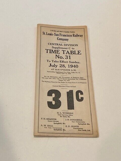 Vintage St. Louis - San Francisco Railway Company Time Table #31 July 28, 1940