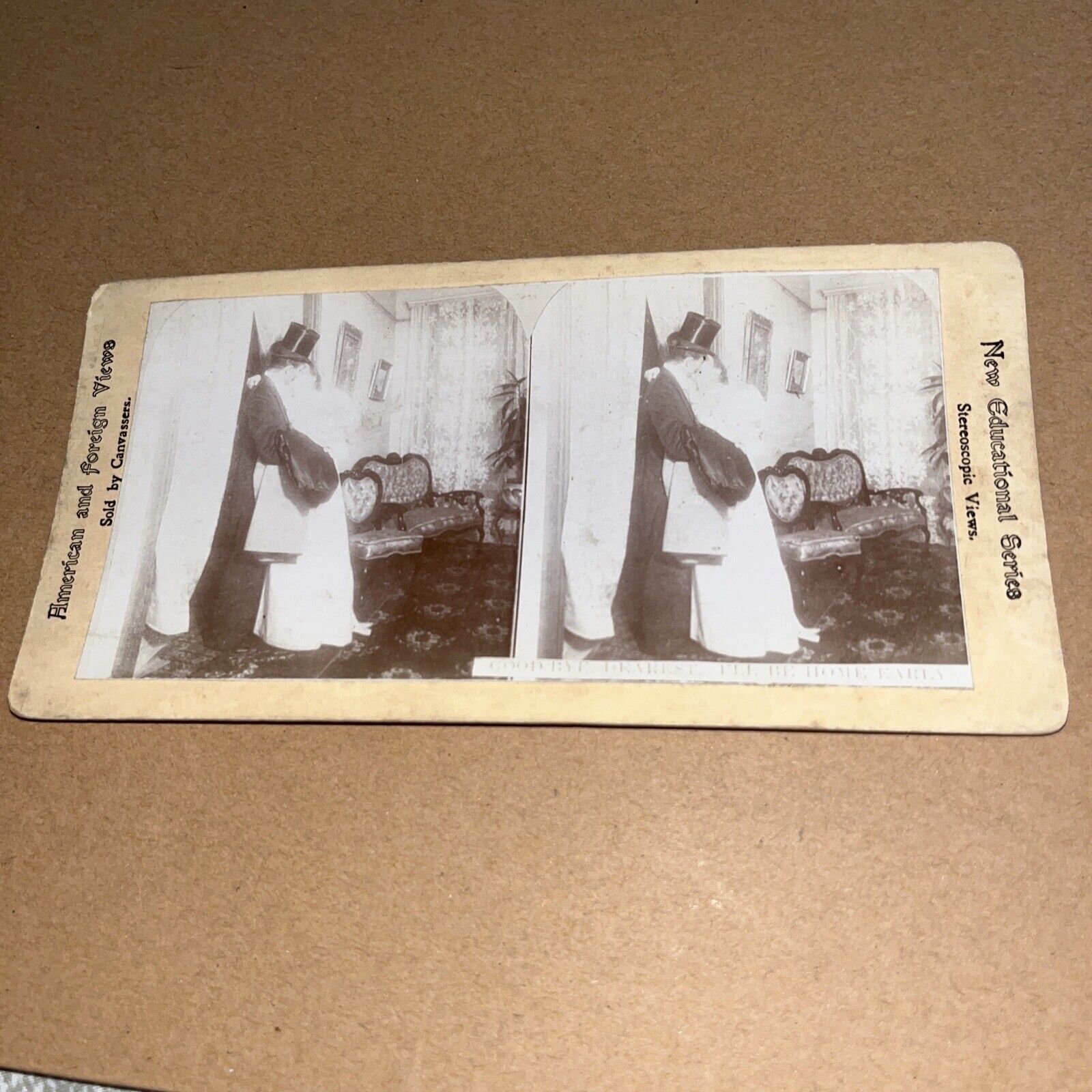 Antique Stereoview Card Photo: Goodbye Dearest I’ll Be Home Early Kissing Woman