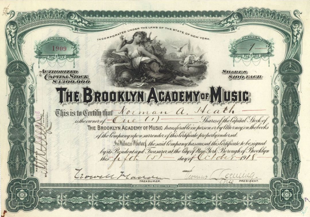 Brooklyn Academy of Music - 1900\'s Stock Certificate - General Stocks