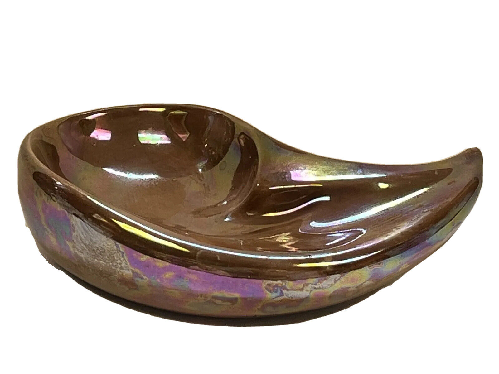 Mid Century Modern Ashtray Trinket Dish Ceramic Iridescent Glaze Signed 1972