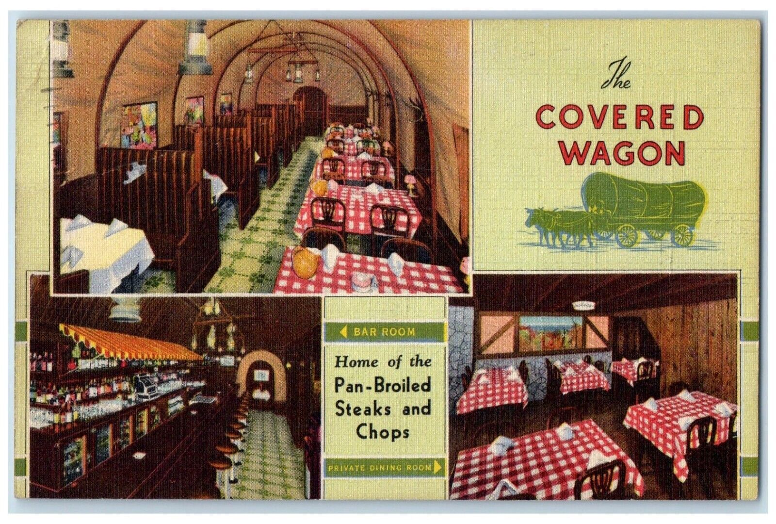 1959 Covered Wagon Restaurant Michigan Ave. Chicago Illinois Multiview Postcard