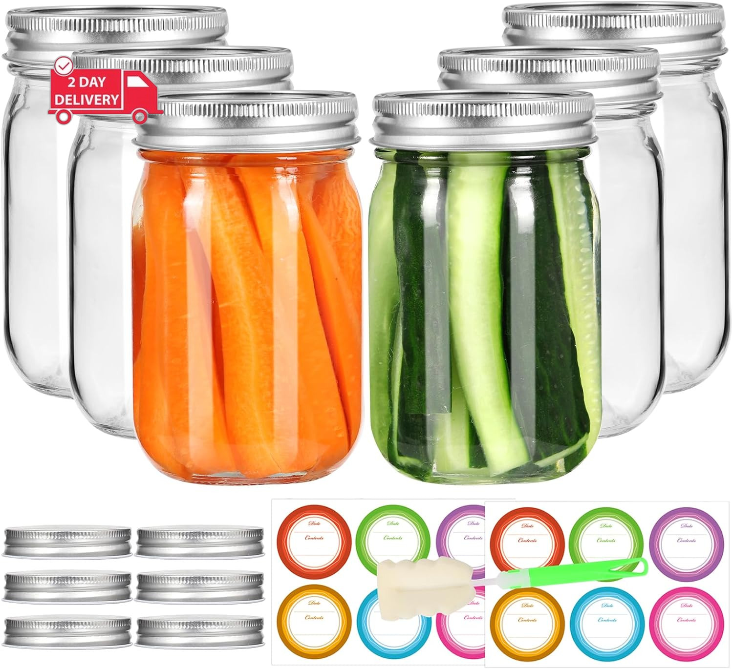 6 Pack Mason Jars 16 Oz with Lids, Canning Jars with 6 Split-Type Lids and EXTRA
