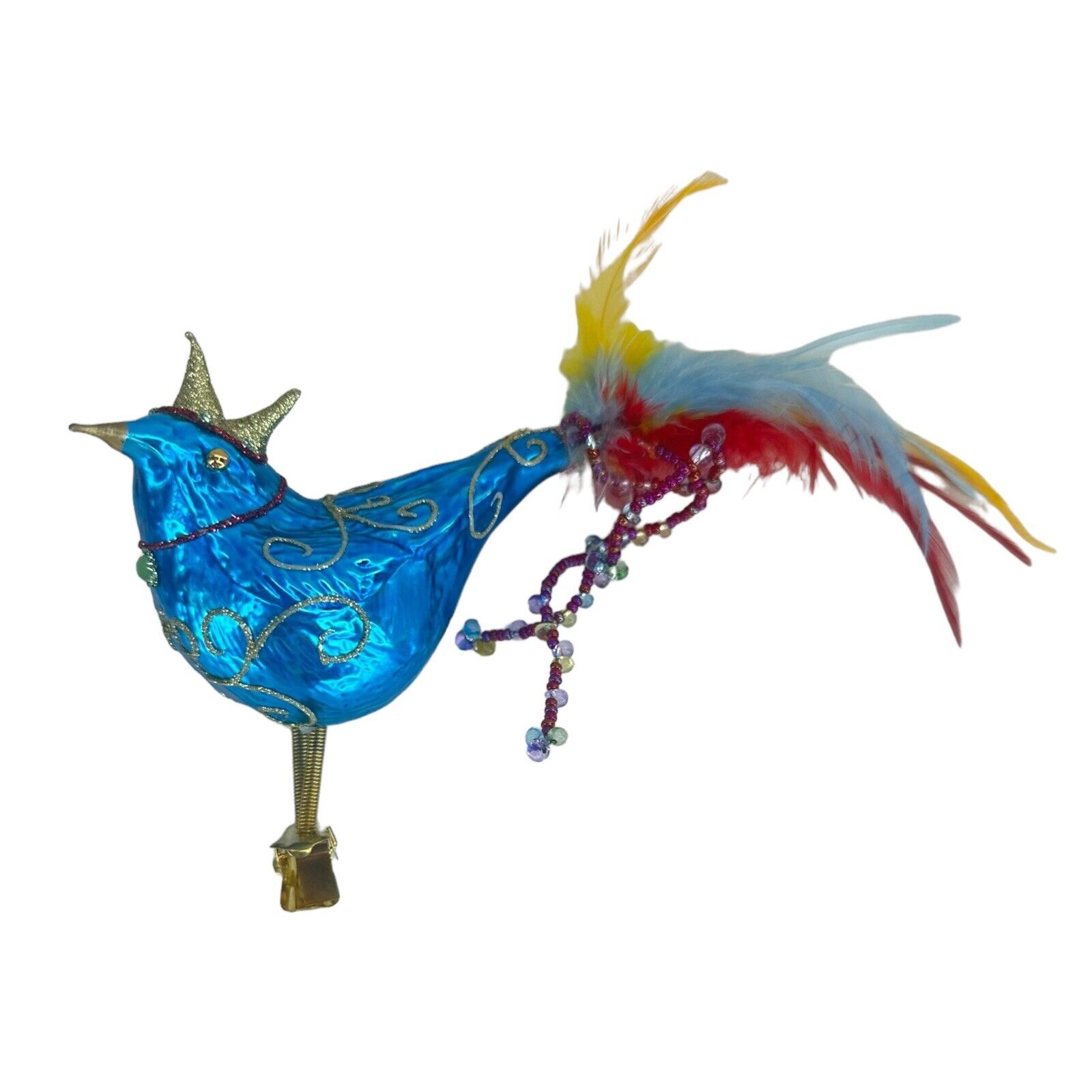 Hand Blown Blue Glass Bird Christmas Clip-on Ornament Crown Feathers Seed Beads