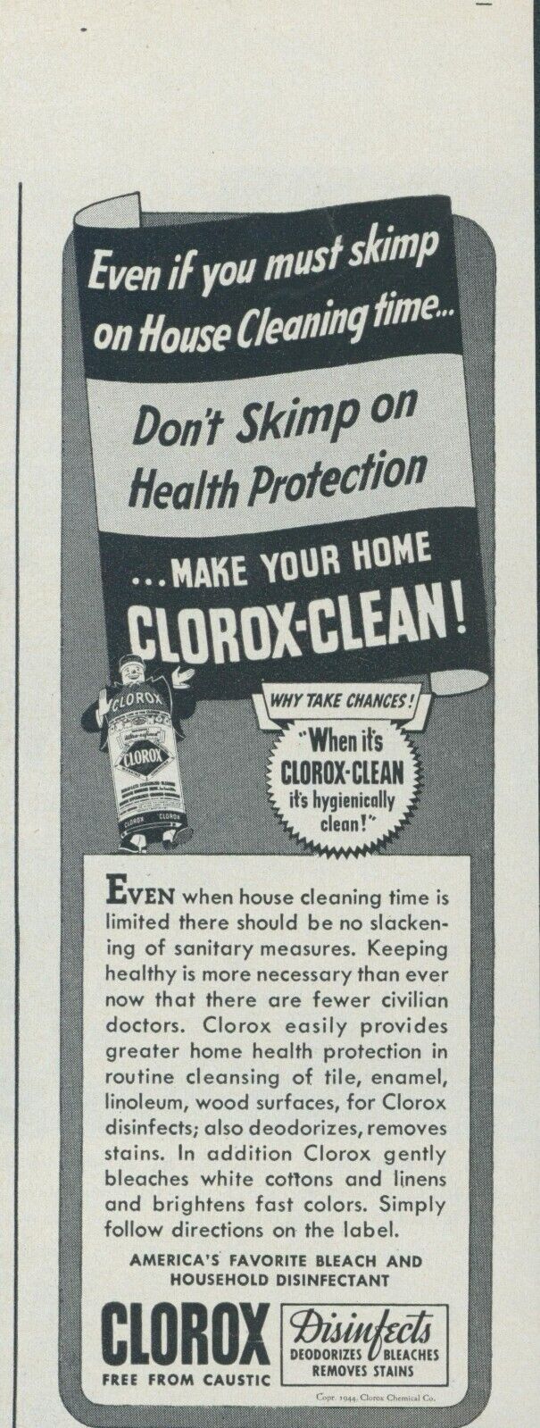 1944 Clorox Clean Health Protection Free From Caustic Vintage Print Ad L6