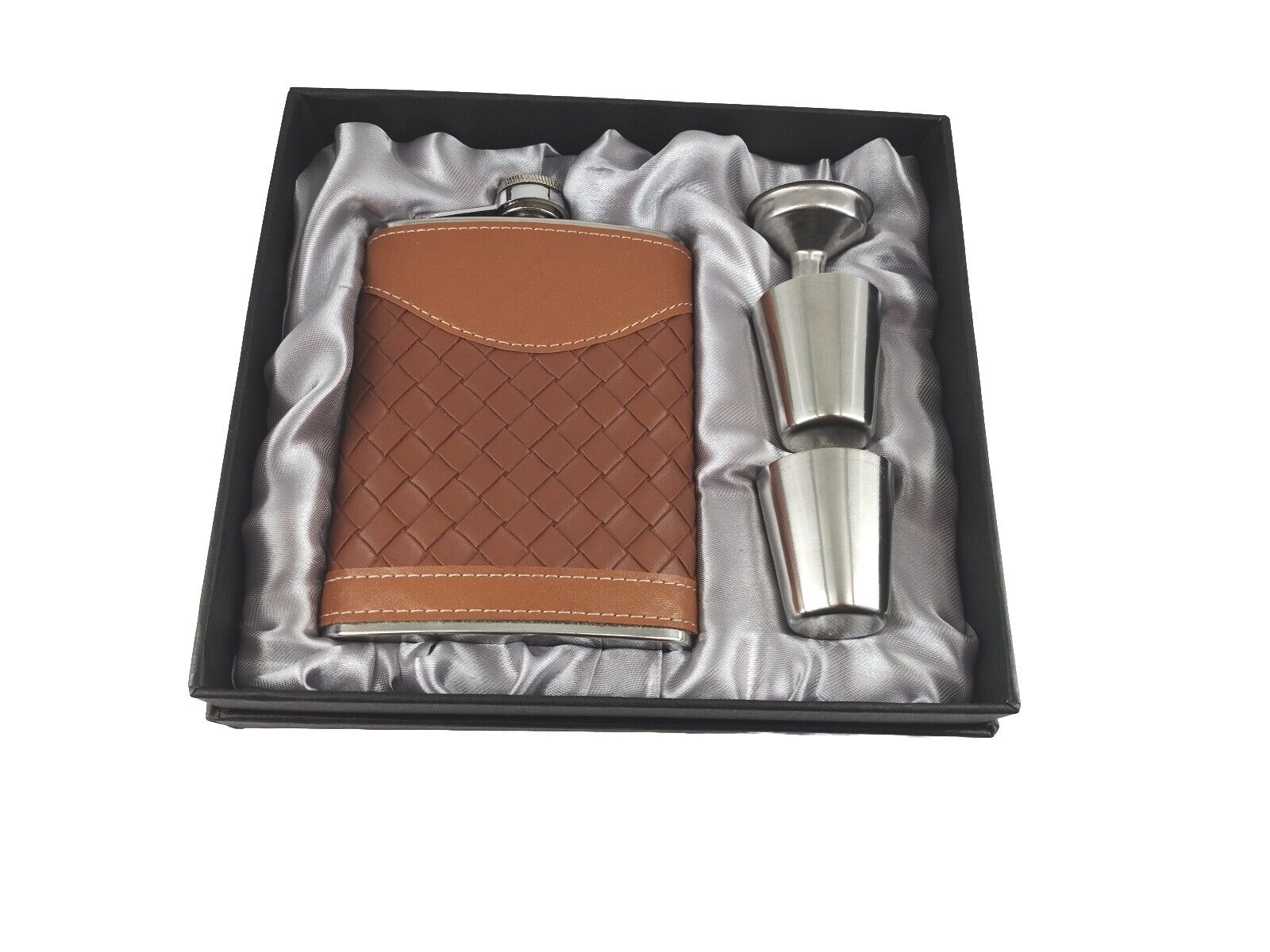  STAINLESS STEEL 8 Oz FLASK FUNNEL & 2 Shot Glasses Brown Leather Design NIB