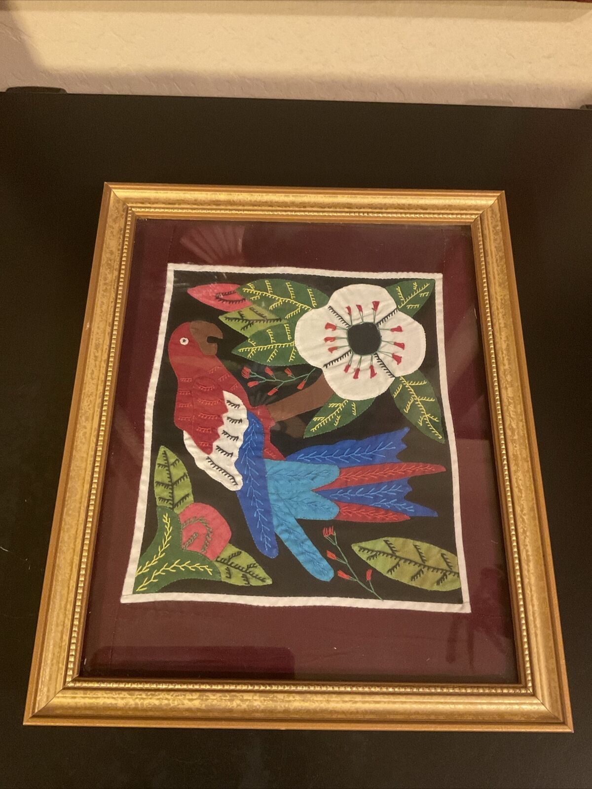 VTG MOLA Panama Textile Art Kuna Hand Stitched Colorful Parrot Framed 11”x9”