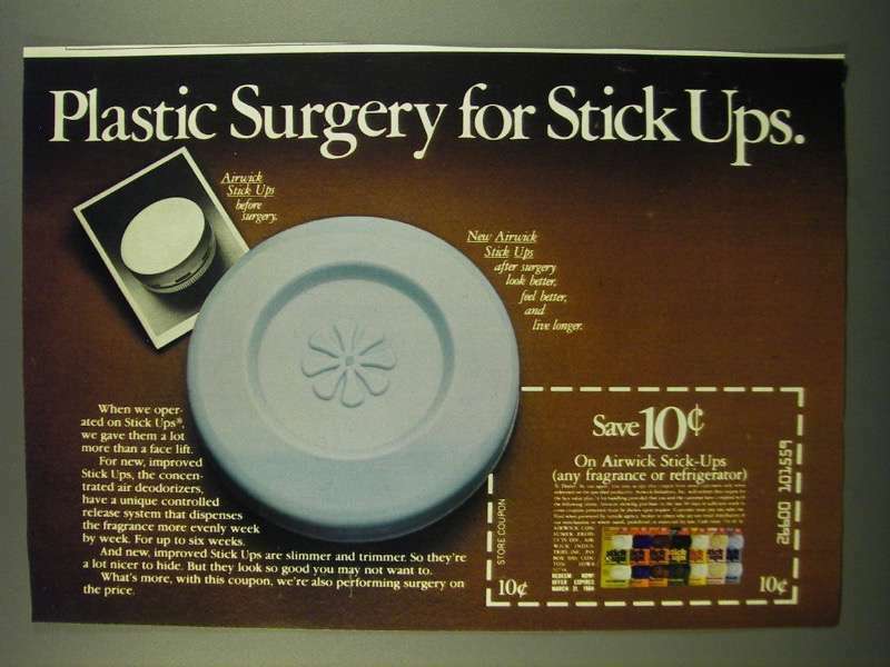1983 Airwick Stick-Ups Ad - Plastic surgery for Stick Ups