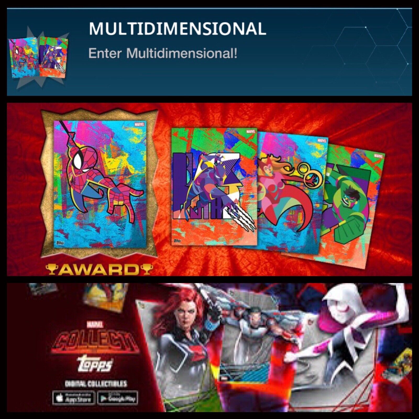MULTI-DIMENSIONAL 18 CARD SET+AWARD-BLUE+RED-TOPPS MARVEL COLLECT