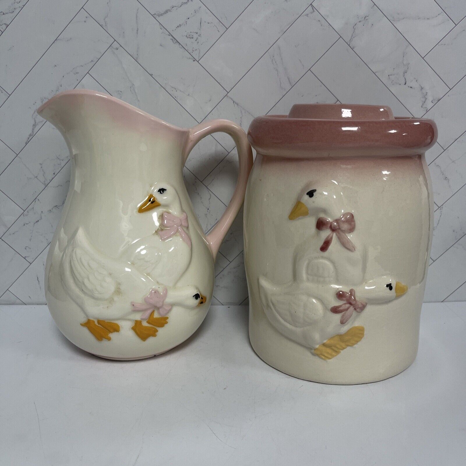 Vintage Pink Bow Geese Pitcher & Cannister w/ Lid Set - Pink & White - Ceramic