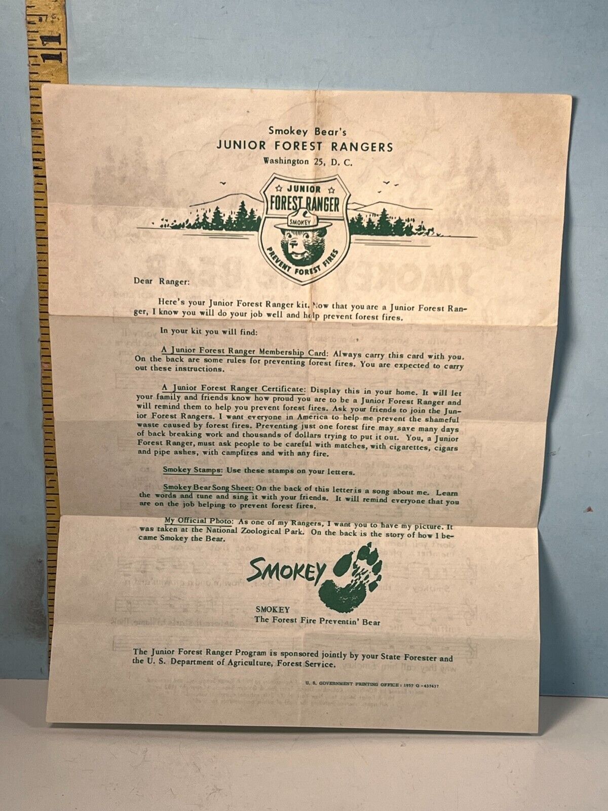 1957 Smokey the Bears Junior Forest Rangers Kit Letter & Sheet Music 2-Sided