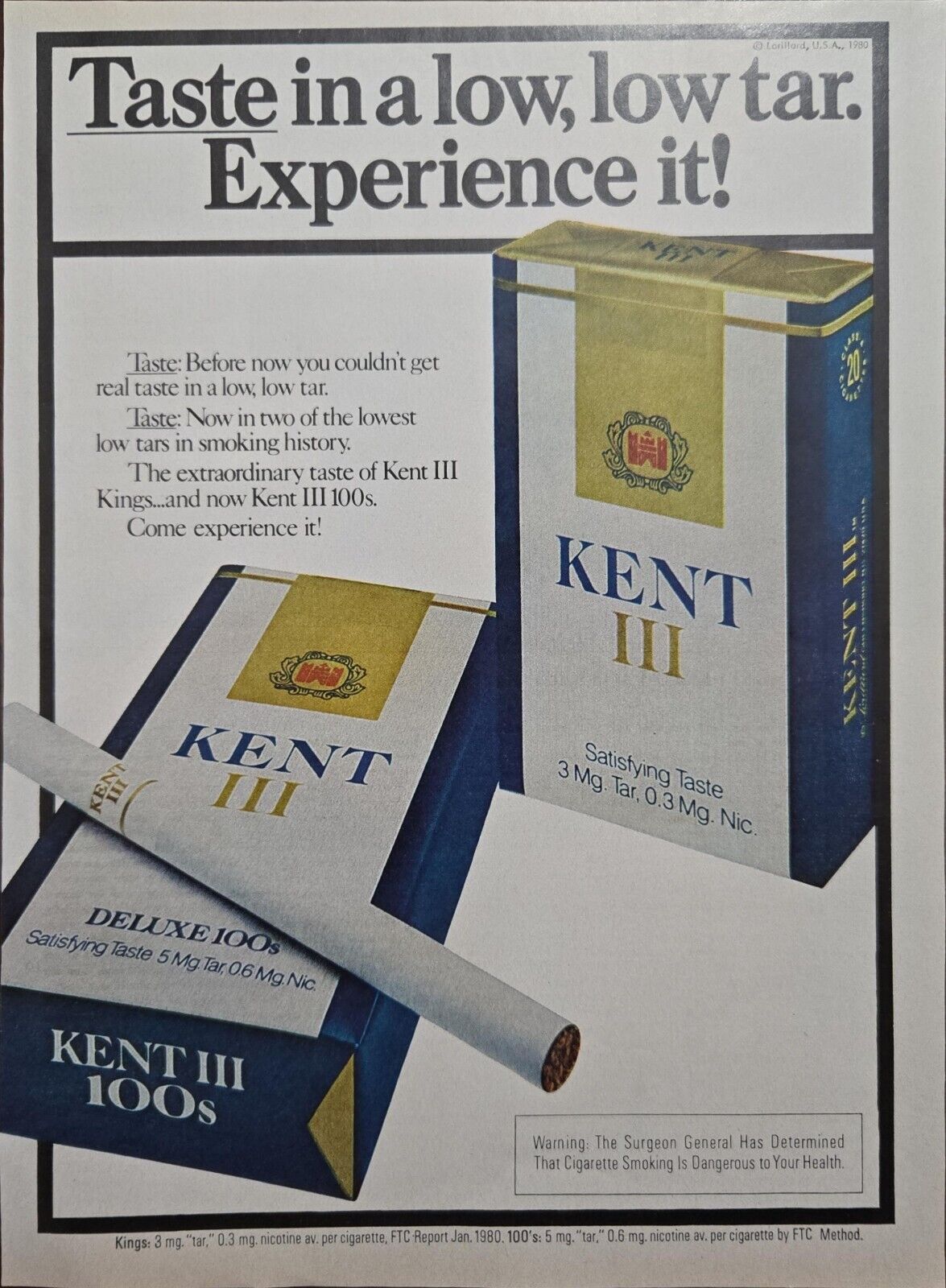 1980 Kent III Cigarette Ad  Experience It Low Low Tar Vintage Print Ad 