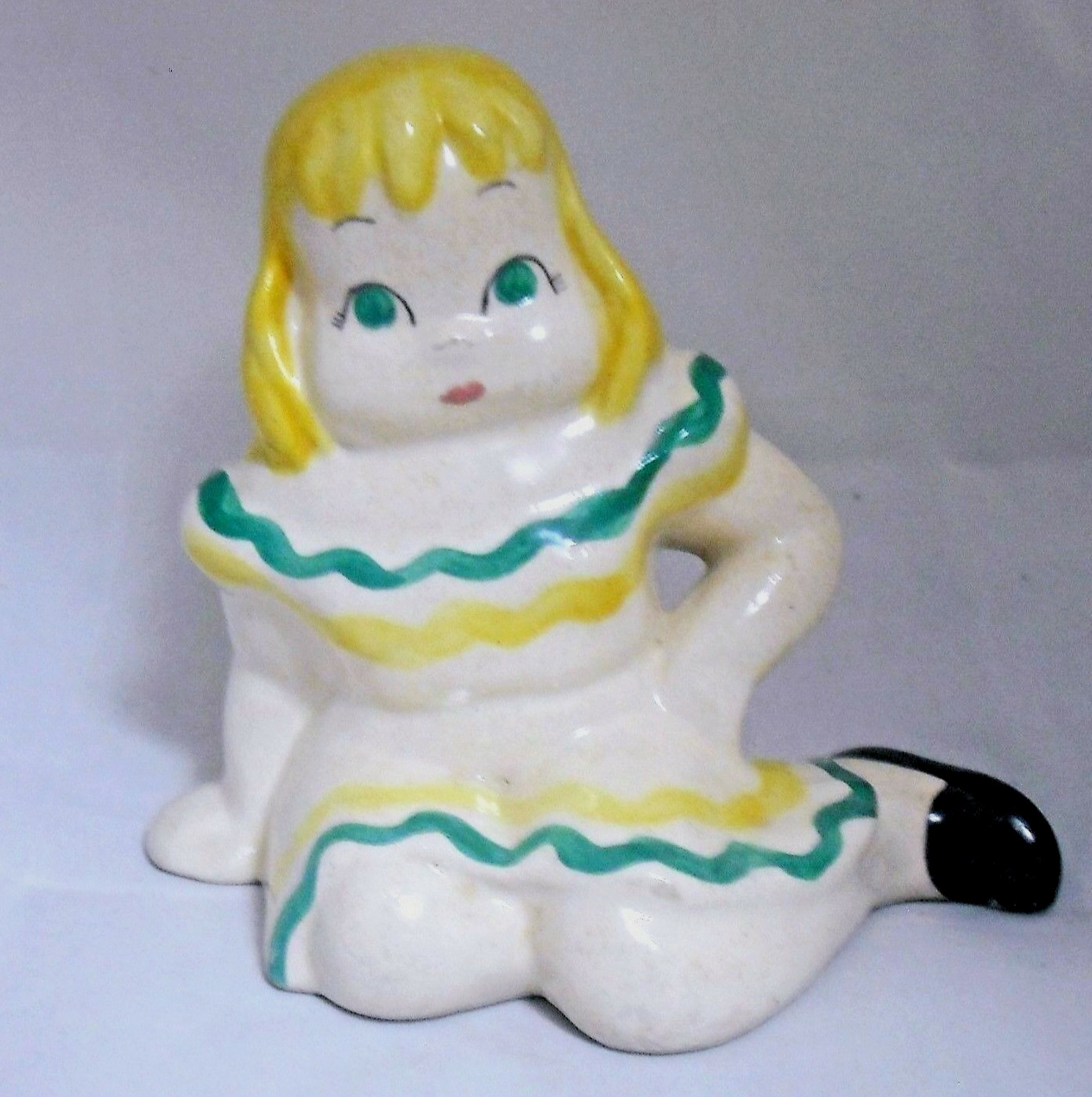 Vintage Ceramic Doll Figurine Handmade Yellow Hair Green Eyes