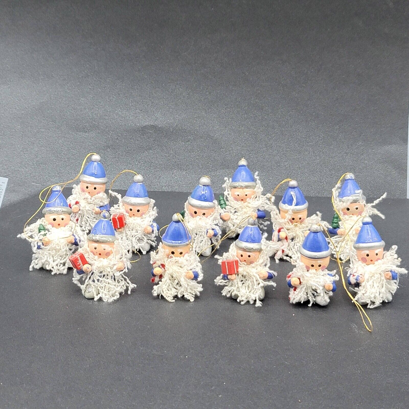 Vintage Lot Of 12 Mini Wooden Christmas Ornaments Painted Wood Miniature Santa