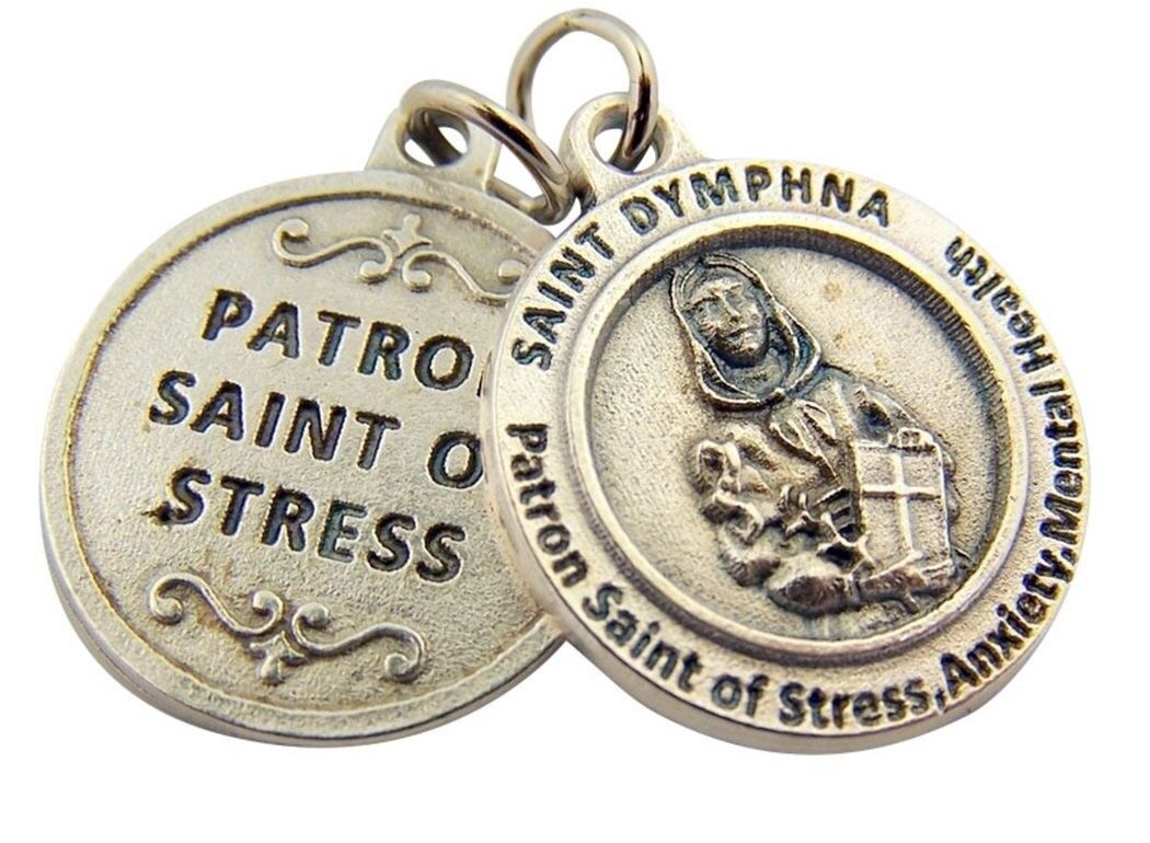 Silver Tone Patron of Stress Saint Dymphna Medal Pendant, 3/4 Inch