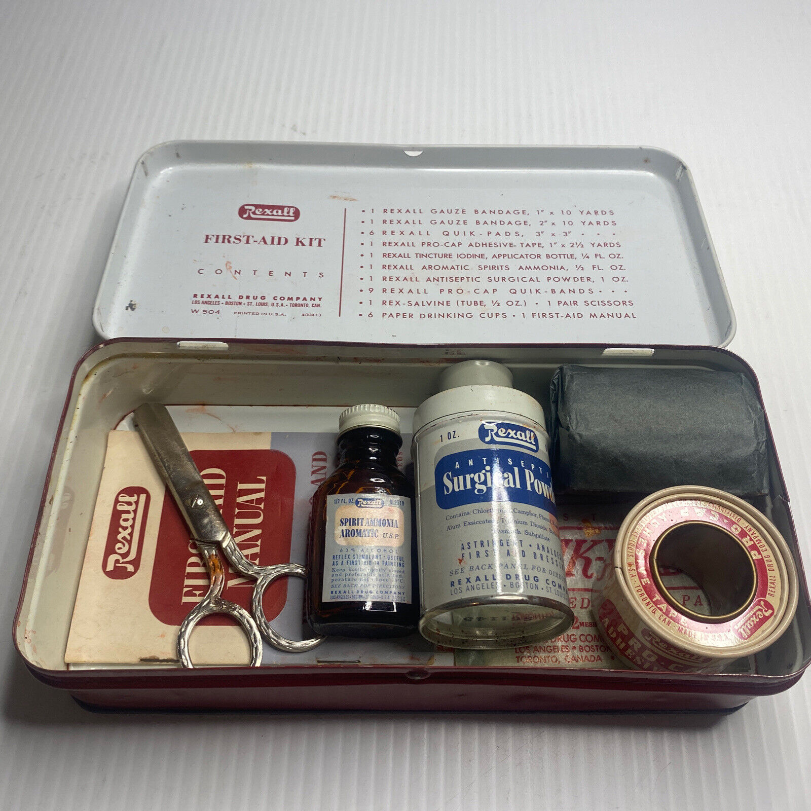 Vintage REXALL First-Aid Kit in Tin with Contents