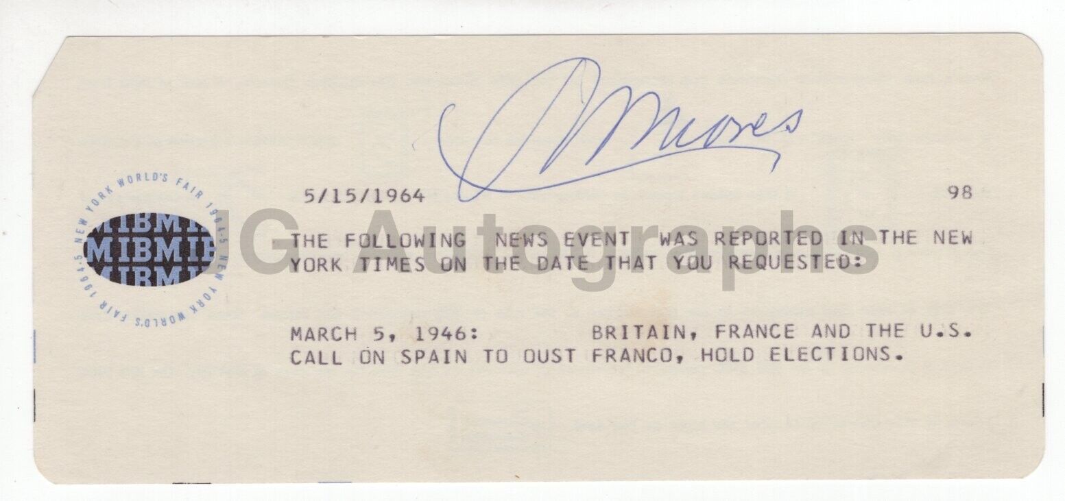 Robert Moses - Autographed 1964 World's Fair IBM Souvenir - Urban NY Developer