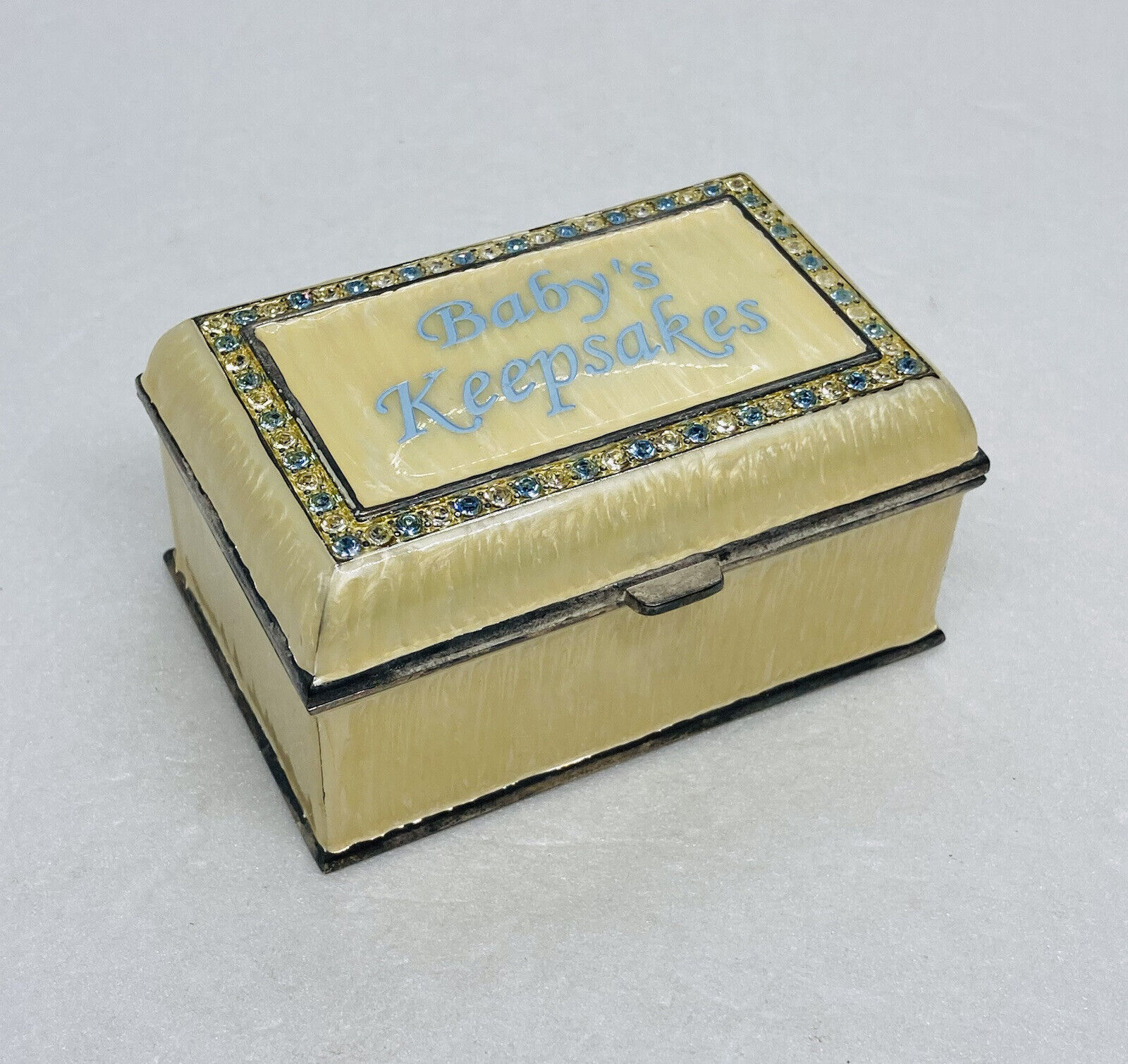 Vintage Enamel Rhinestones Trinket Box “Baby’s Keepsake” Treasure Chest Decor 35