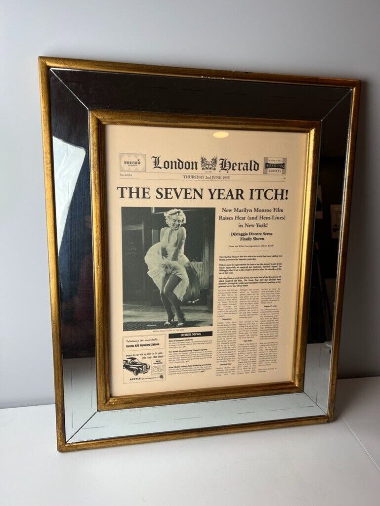 RARE Framed 1955 Marilyn Monroe Seven Year Itch London Herald Newspaper Article
