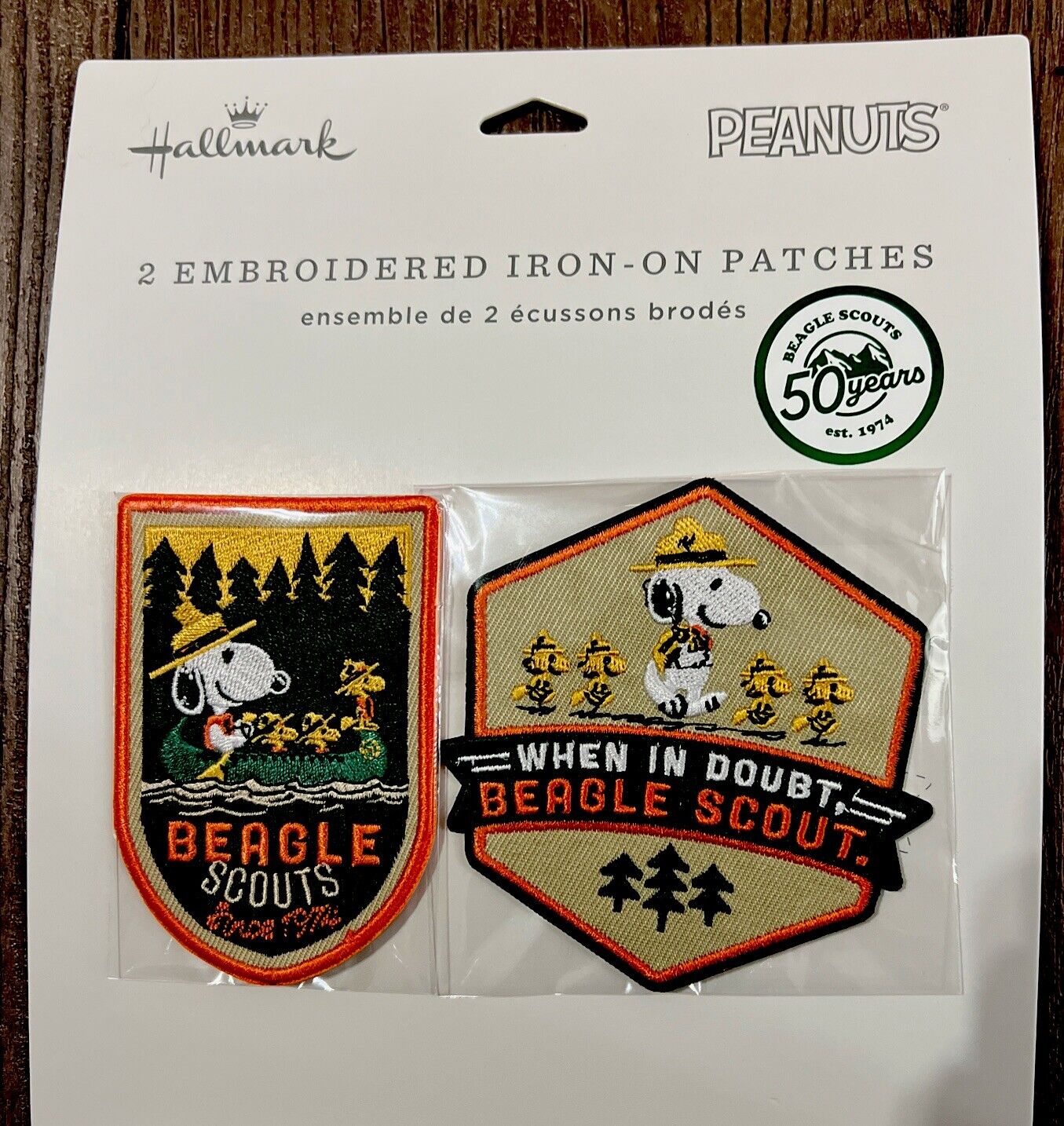 2024 Hallmark TWO EMBROIDERED IRON-ON PATCHES Peanuts Snoopy Beagle Scout 50 YR