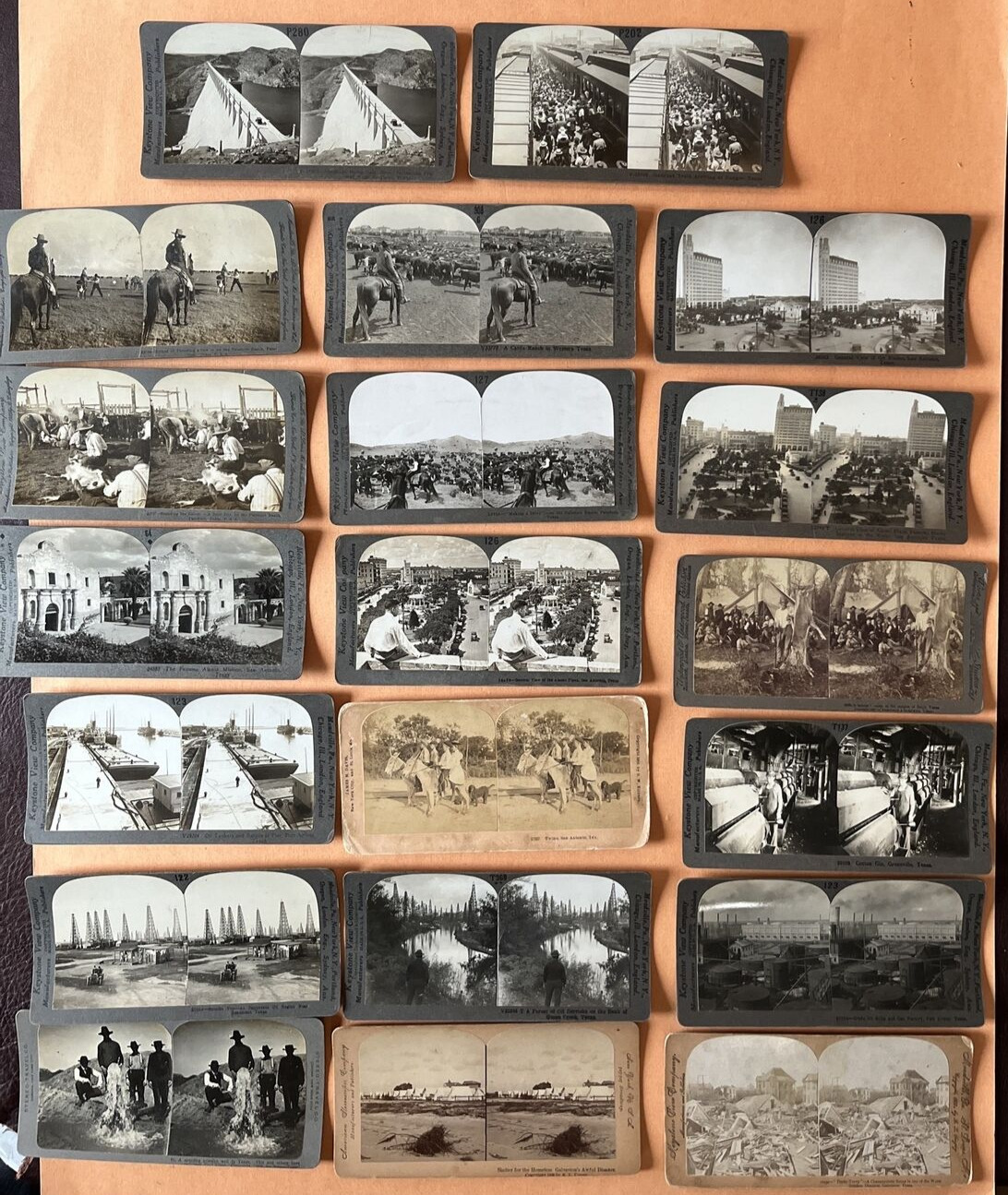 Texas 20 Antique Stereoview Real Photo: Rare Galveston 1900, Oil Fields, Cowboys