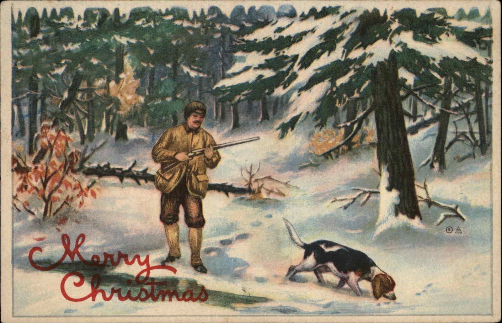 Christmas Hunter with Hunting Dog Hound and Gun Rifle c1910 Vintage Postcard