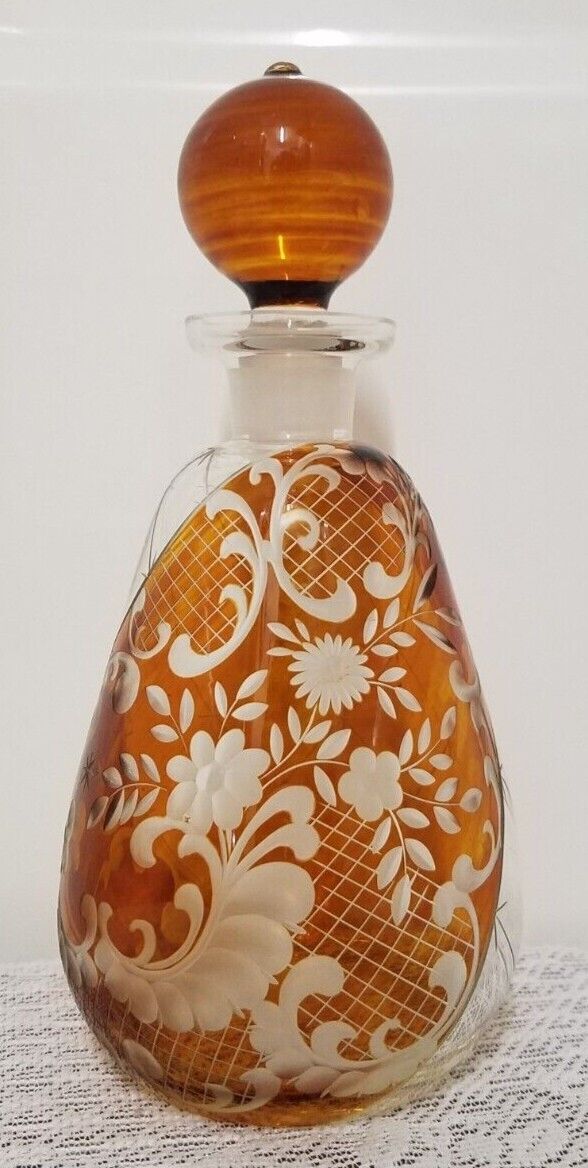 Beautiful Amber & Clear Etched Glass Bottle With Stopper Excellent Condition
