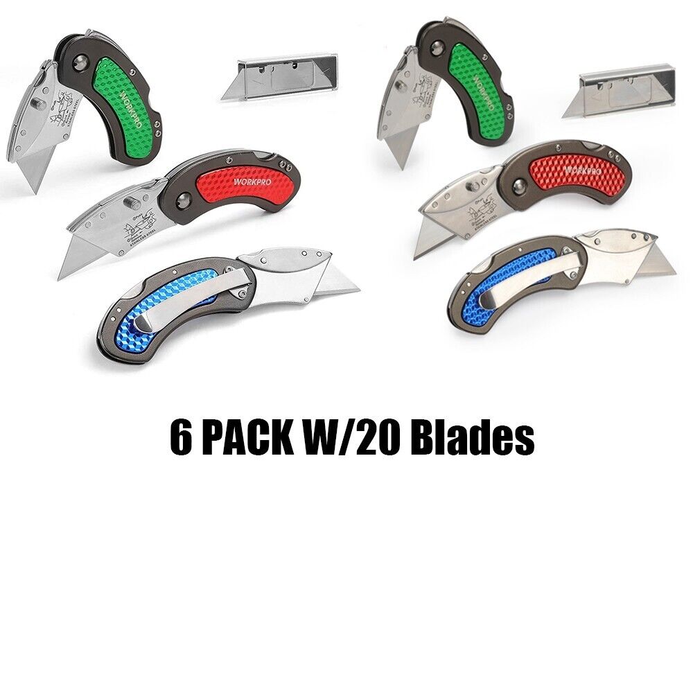 WORKPRO Folding Utility Knife Set Quick Change Blade Back-lock 6PK W/20 Blades