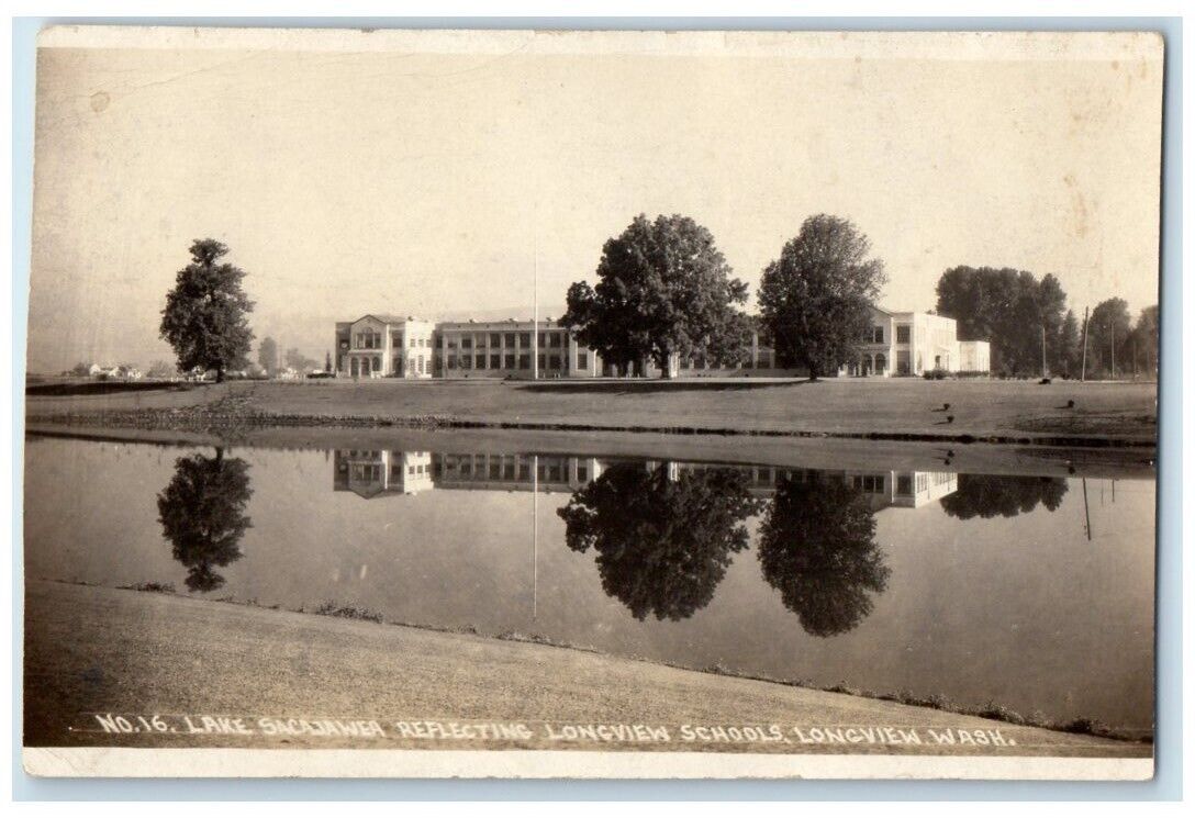 c1930's Reflecting School Lake Sacajawea View Longview WA RPPC Photo Postcard