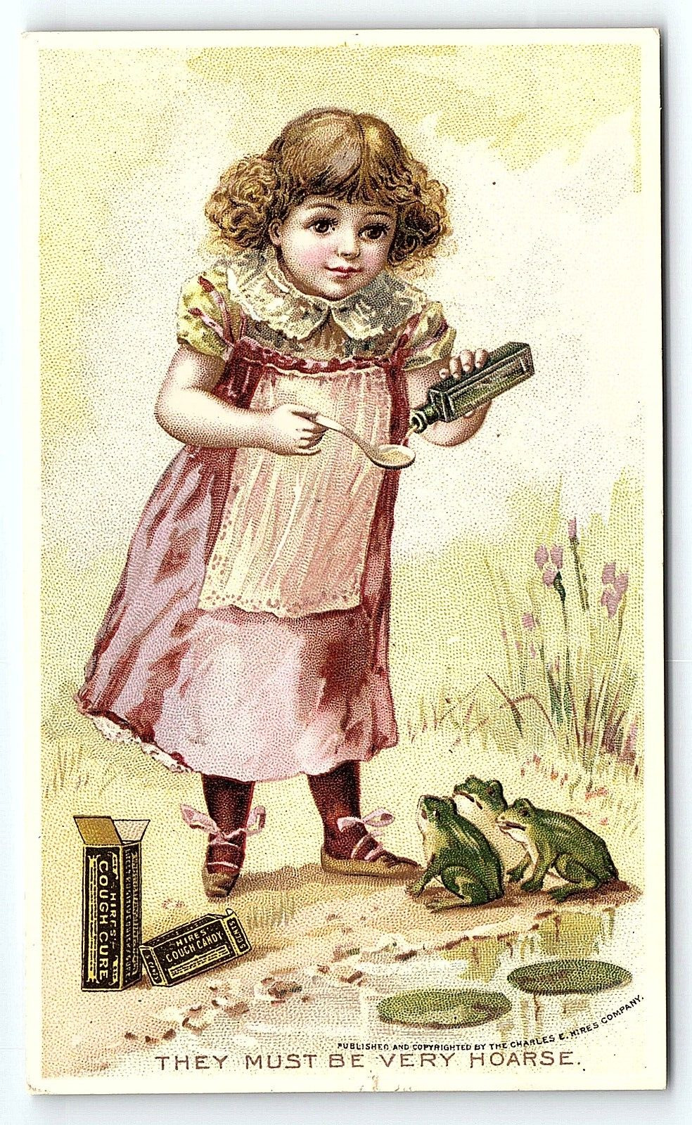 c1880 VICTORIAN TRADE CARD HIRES CURE SYRUP GIRL FROGS PA QUACK MEDICINE P4011
