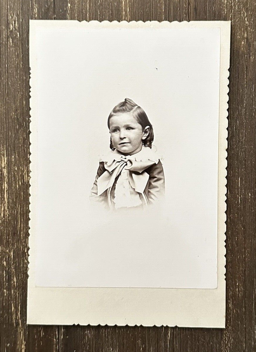 Antique Photo Cabinet Card Young Boy FW Michaelis IL Scalloped 1880-1890s Name