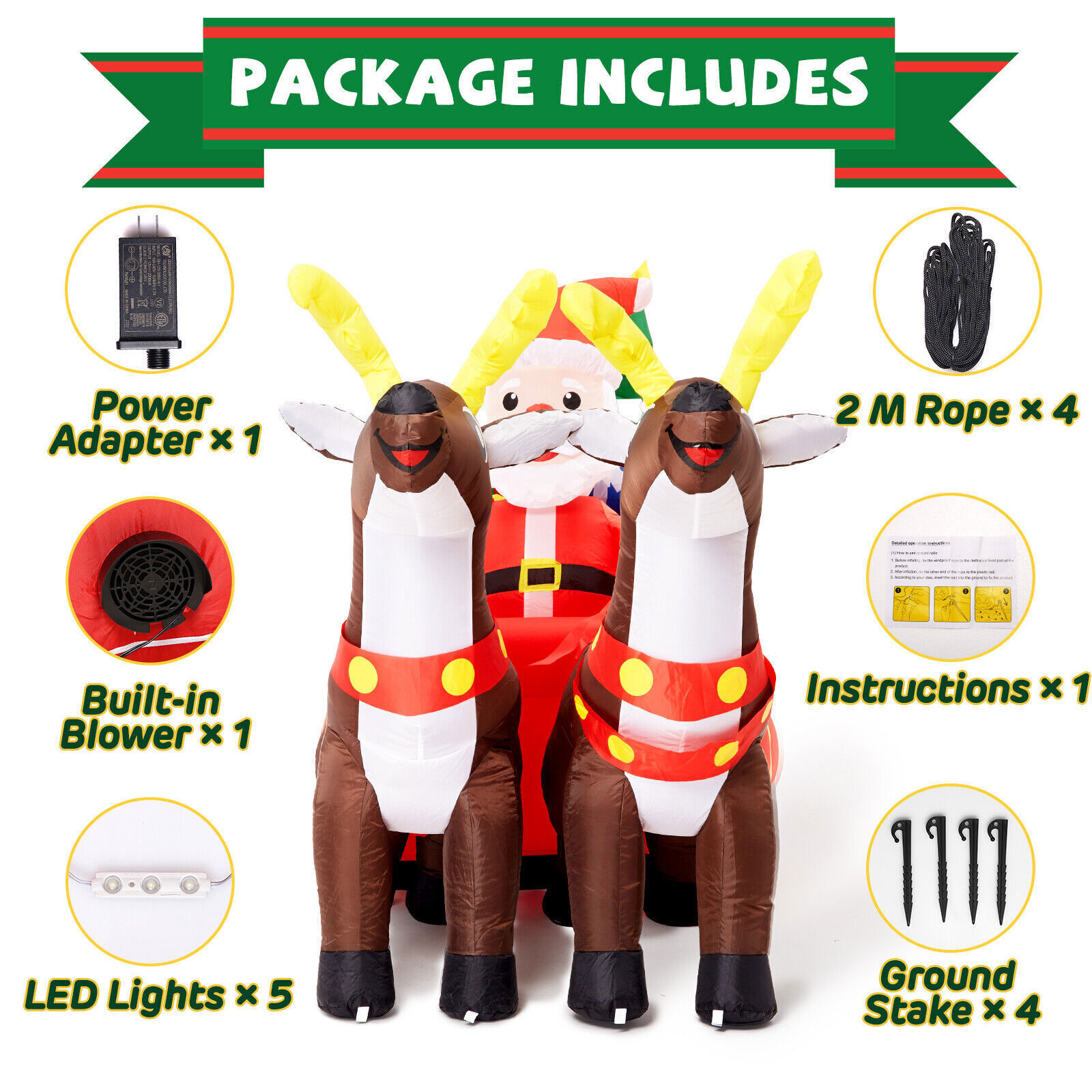 8ft Long Christmas Inflatable LED Lighted Santa on Sleigh w/ Reindeers, Gift Box