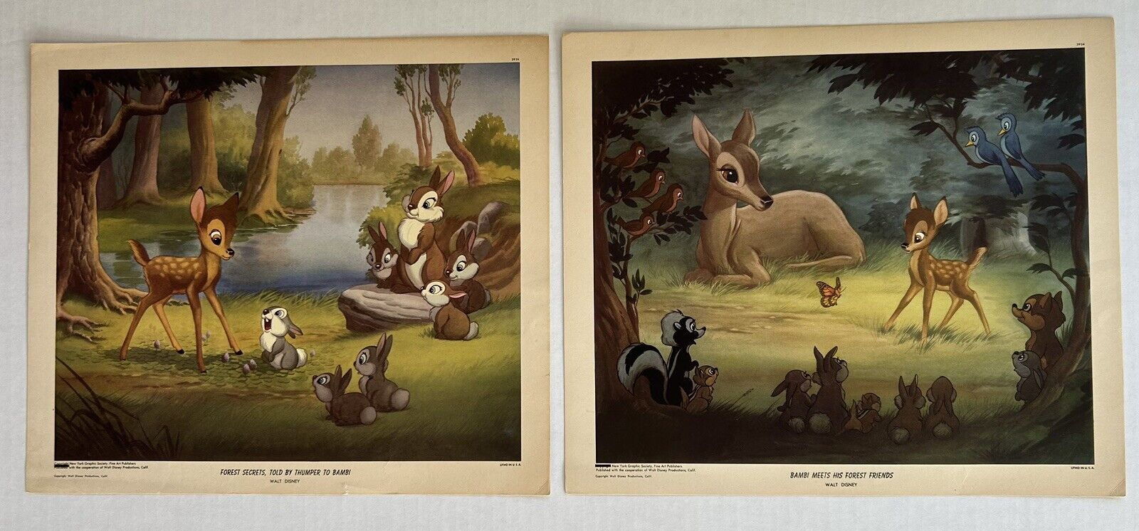 Disney Bambi Vintage Lithograph Prints Set Of 2 1940’s 10”x12”