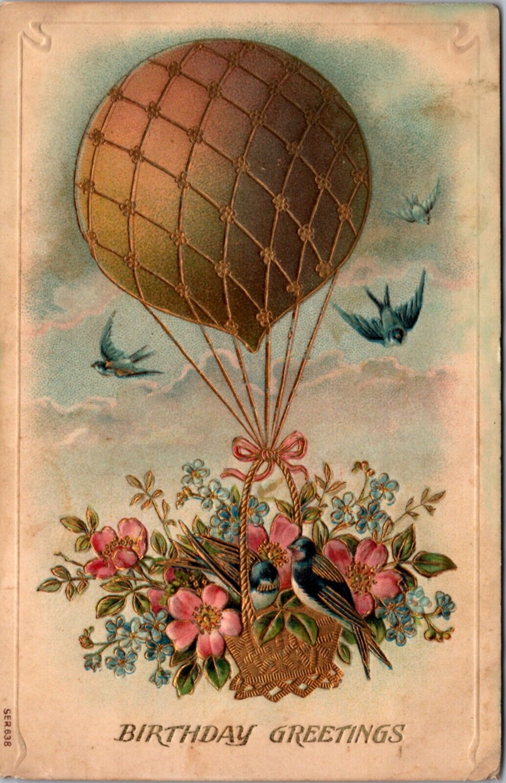 Birthday Greetings Postcard Hot Air Balloon Blue Birds Basket of Flowers