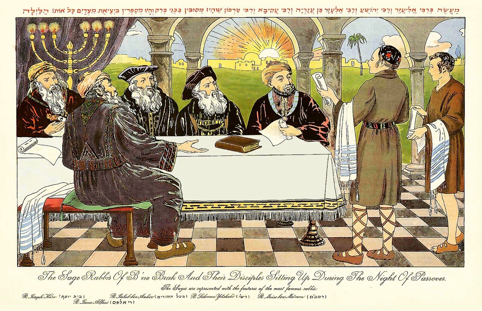 Jewish Poster Print Vintage Art Rabbis at Seder in Bnei Brak Rambam, Rashi, Karo
