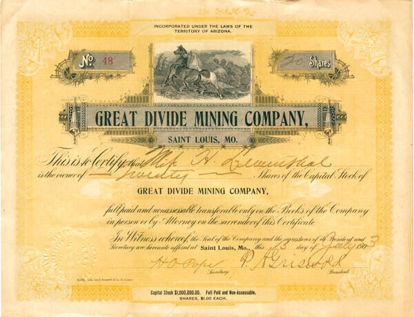 Great Divide Mining Co. - Stock Certificate - Animals on Stocks and Bonds
