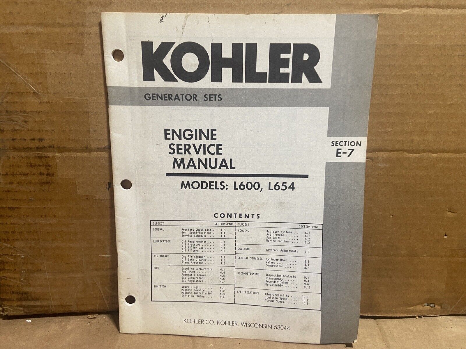 Kohler Model L600 & L654 Generator Set Engine Service Manual