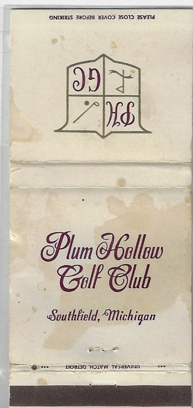 Empty Matchbook Cover Plum Hollow Golf Club Southfield Michigan