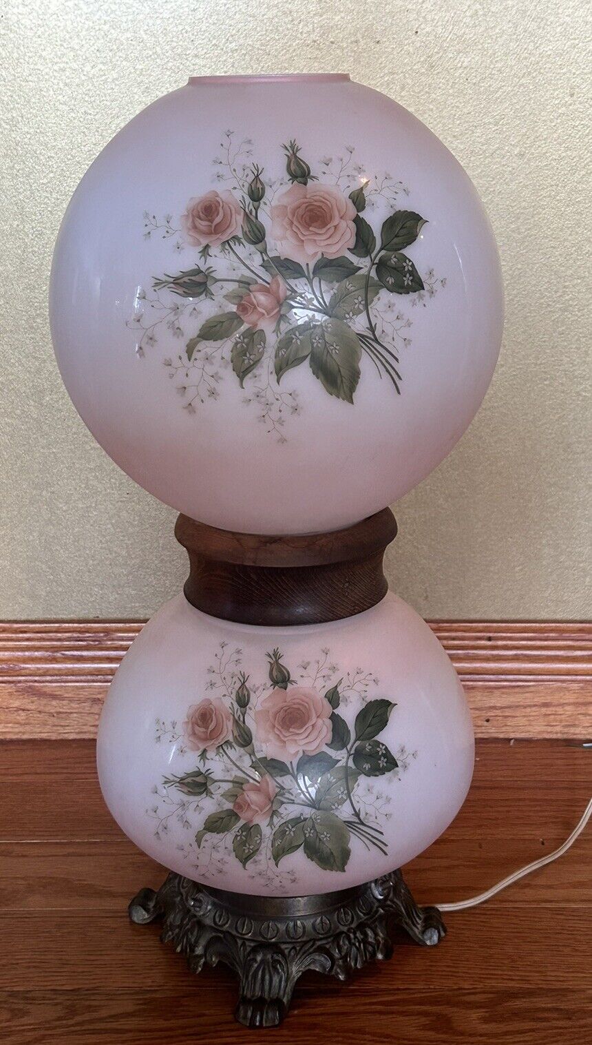 Vintage Pink Flower Hand Painted Gone With The Wind Hurricane Two Way Lamp 22.5”