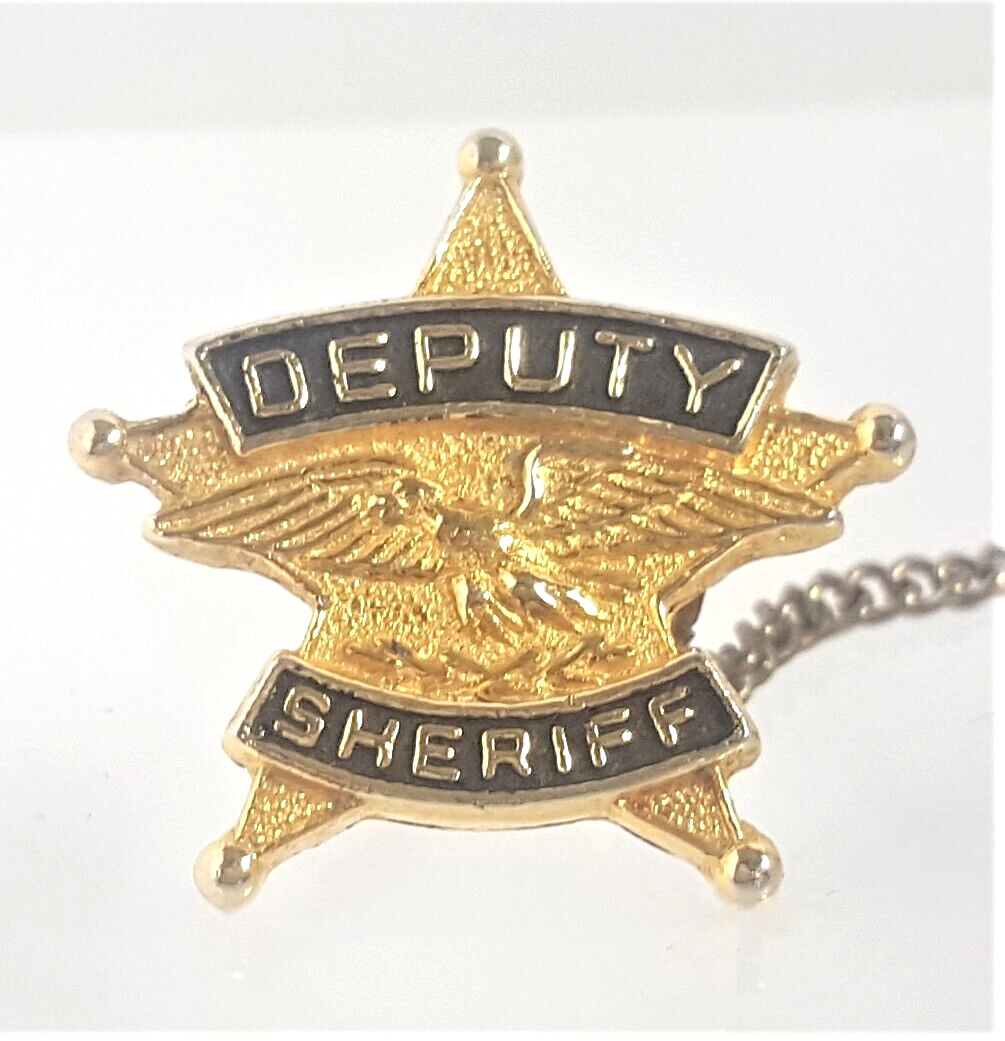 Vintage Deputy Sheriff Eagle Star Tie Tack Pin Goldtone Metal Black Inset