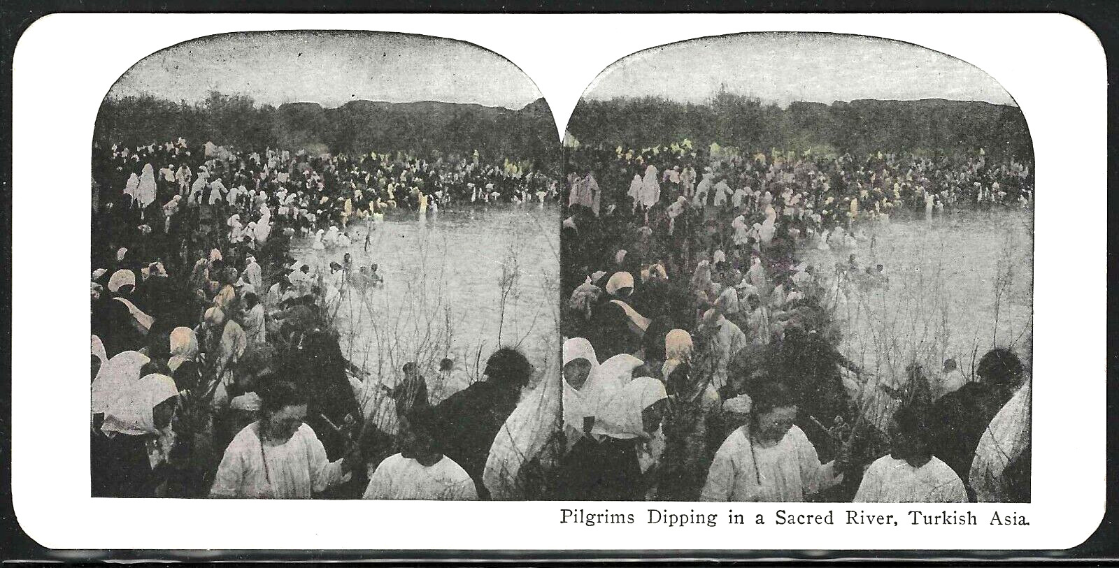 Pilgrims Dipping in a Sacred River, Turkey, Hand Colored Stereographic View Card