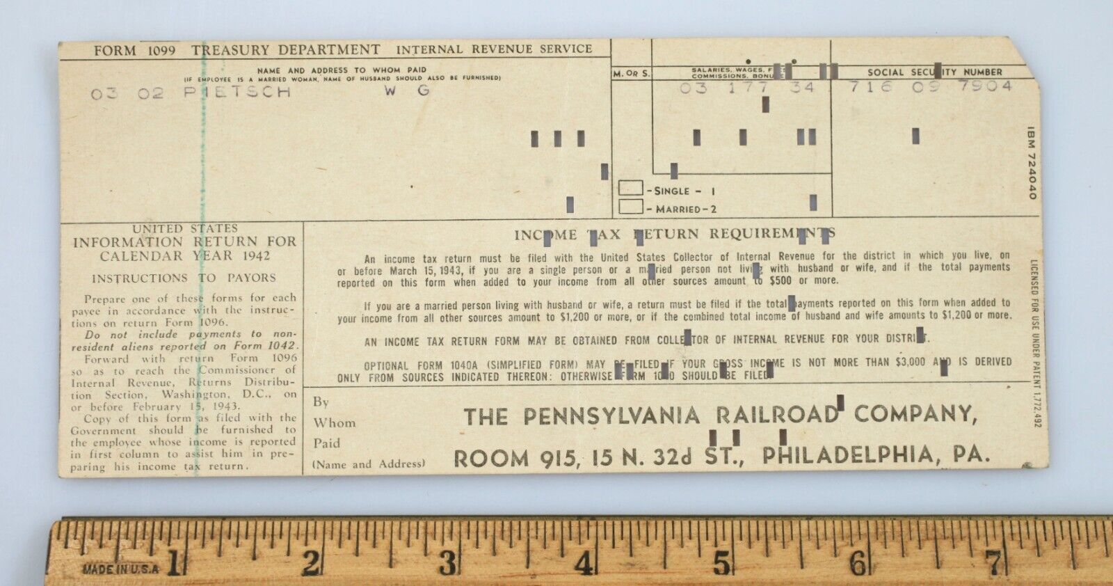 Vintage 1942 Pennsylvania Railroad Tax Form 1099 Early IBM Computer Punch Card