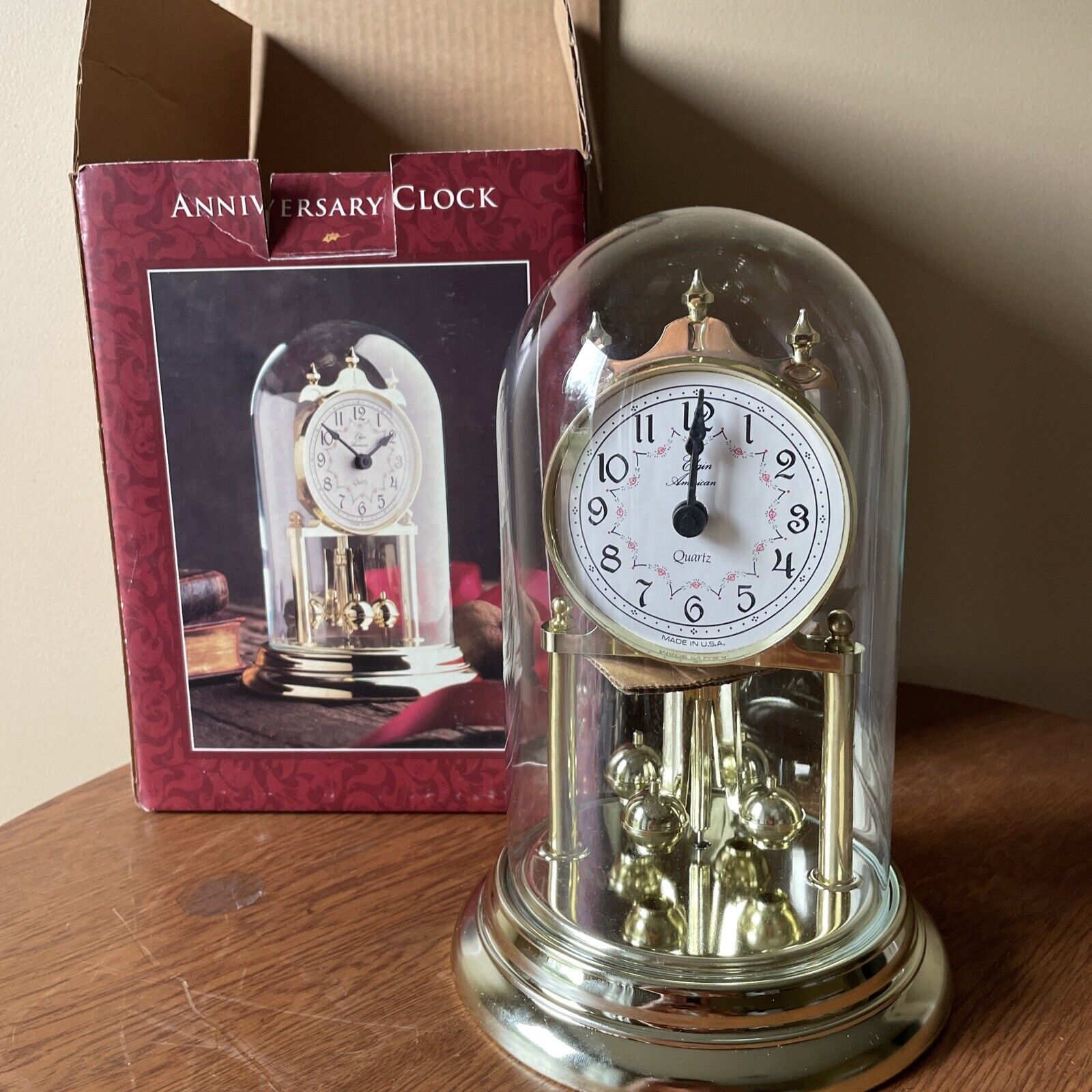 Vintage Elgin Glass Dome Rotating Pendulum Quartz Anniversary Clock NIB