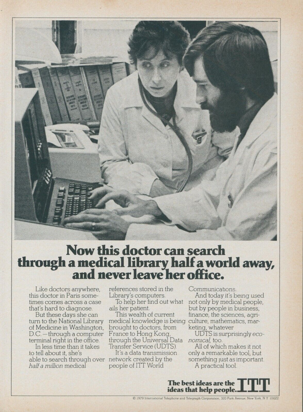 1979 ITT World Communications Data Transmission Doctors Library Vtg Print Ad SI3
