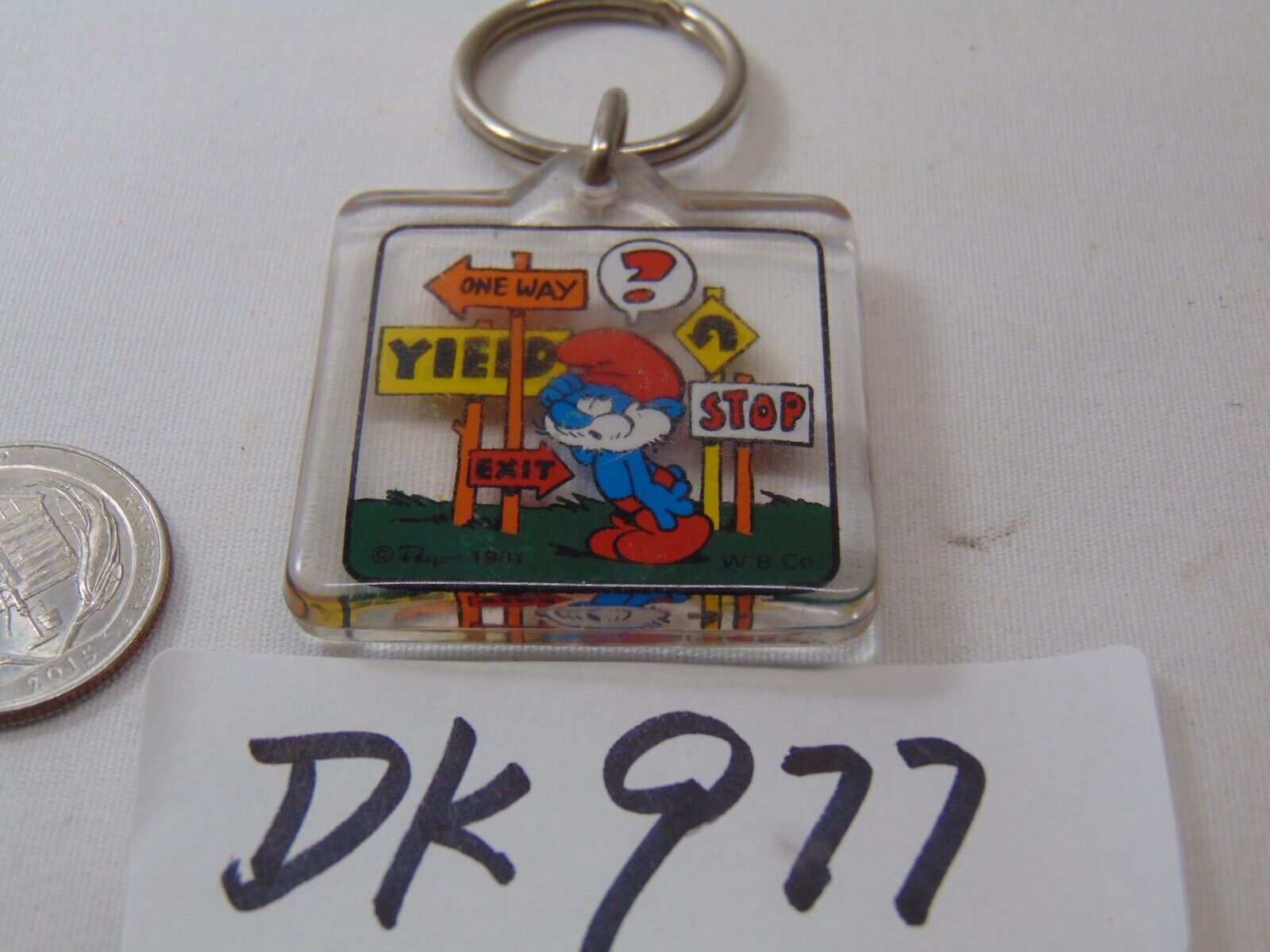 Vintage 1981 Smurf Keychain Key Chain W.B Co. Papa Street Signs ? One Way Stop