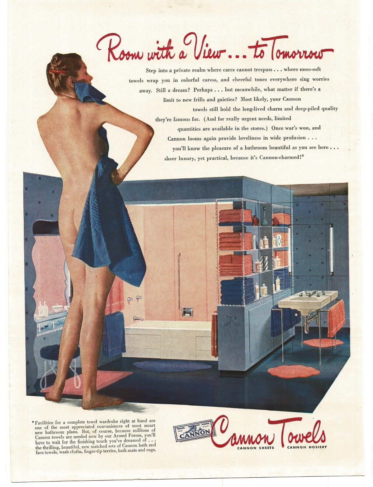 1944 Cannon Towels MCM Bathroom Nude Naked Woman Bottom Print Ad