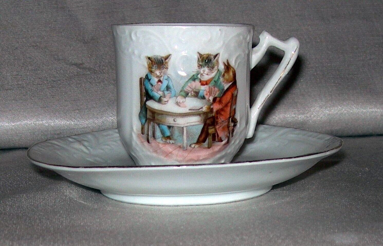 Vintage Demitasse Cup & Saucer CATS PLAYING POKER CARDS Anthropomorphic